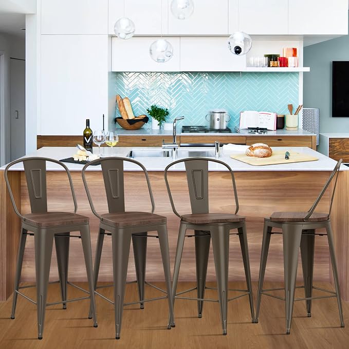 Alunaune 26" Swivel Metal Counter Height Bar Stools Set of 4 High Back - Image 4