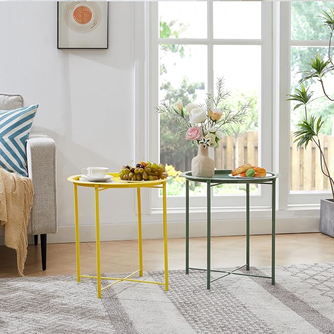 VECELO Side/End Table, Folding Round Metal Anti-Rust and Waterproof Outdoor or - Image 5