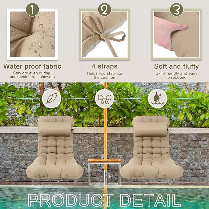 Tudomro 2 Pcs Light Camel 66'' Outdoor Chaise Lounge Cushion Waterproof Patio - Image 7