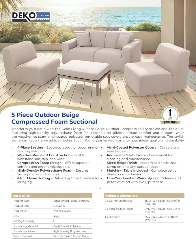5 Piece Outdoor Beige Compressed Foam Sectional Sofa and Table Set - Image 8