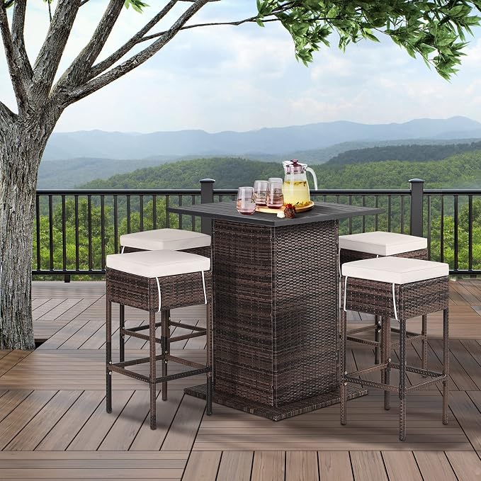 HAPPYGRILL 5 Piece Rattan Bar Set Outdoor Wicker Bar Table and 4 Bar Stools - Image 2