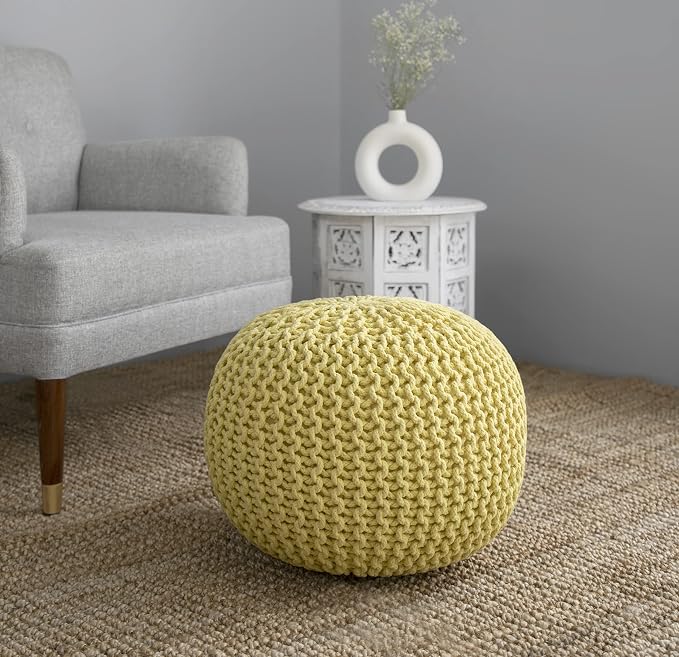 COTTON CRAFT - Hand Knitted Cable Style Dori Pouf - Yellow - Floor Ottoman - - Image 2