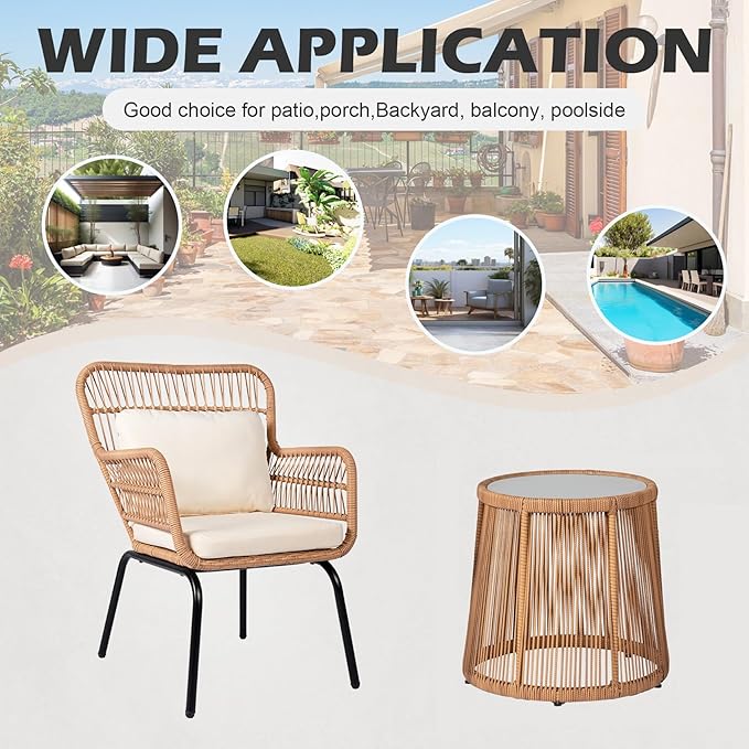 3 Piece Outdoor Wicker Furniture Bistro Set, Rattan Chairs Conversation Sets - Image 6