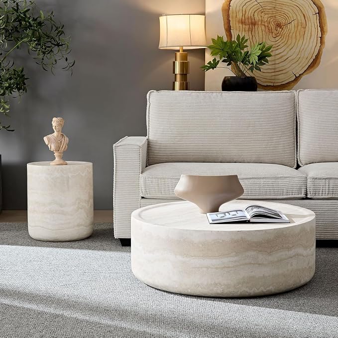 Round Coffee Table Set of 2 for Living Room Modern Drum Center Table Circle - Image 3