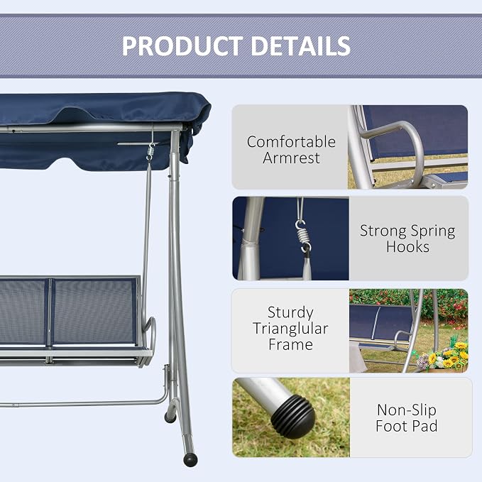 Outsunny 3-Seat Outdoor Porch Swing Chair, Patio Swing Glider - Image 5