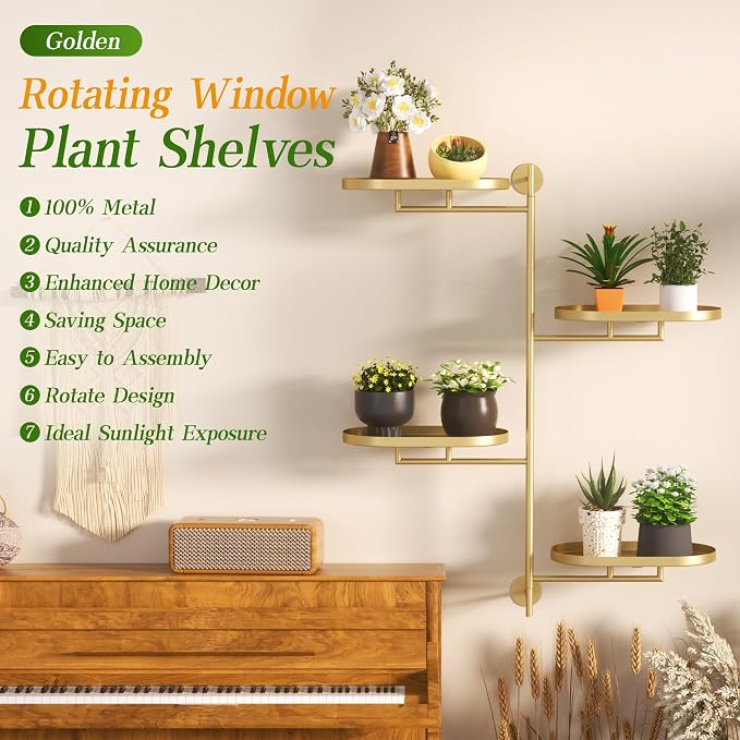 Window Rotating Plant Stand Shelf Indoor Gold Metal Floating Shelves 4-Tier - Image 3