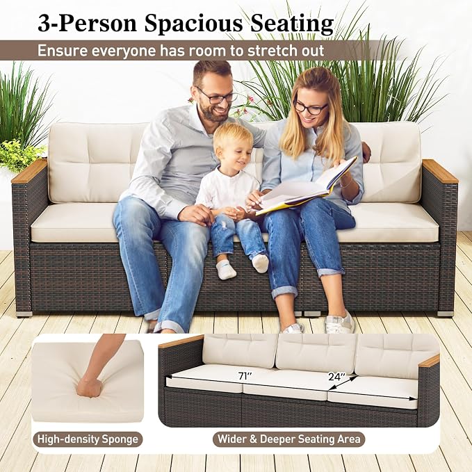 Tangkula 3-Seat Patio Wicker Couch Sofa, Outdoor 3 Seater Rattan Furniture Set - Image 7