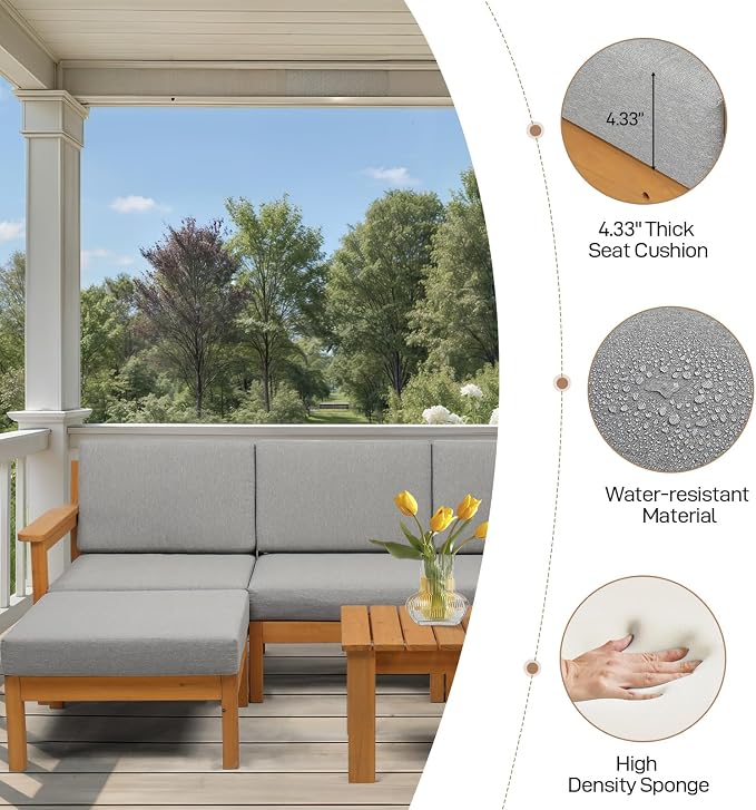 VINGLI 5 Pieces Wood Patio Furniture L-Shaped Outdoor Sectional Sofa Set - Image 5