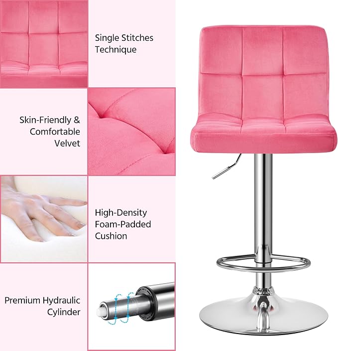 Yaheetech Pink Velvet Bar Stools, Adjustable Barstools Set of 4, Armless Swivel - Image 6