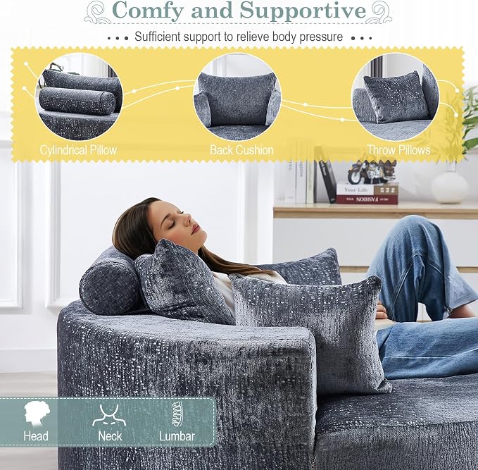 Oversized Round Chaise Longue Chair Indoor, Modern 55-inch Upholstered Chenille - Image 4