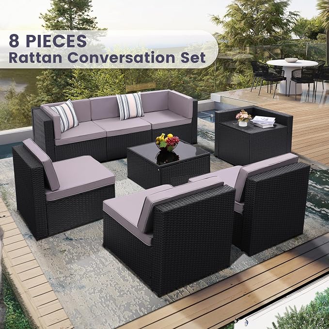 8-Piece Patio Furniture Set, Outdoor Wicker Rattan Sectional - Image 2