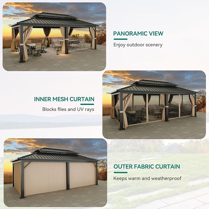 YITAHOME 12x20ft Gazebo Hardtop Canopy Heavy Duty Double Roof Outdoor - Image 6
