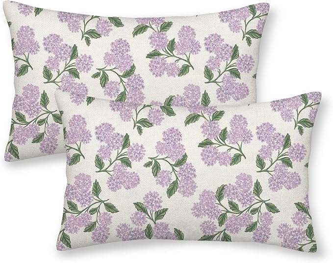 Purple Pink Pillow Covers 12x20 Inch 2 Pcs Green Hydrangea Flower Decor Throw by DAFENA