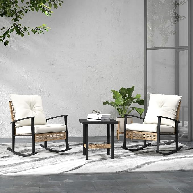 Outsunny 3 Pieces Rocking Wicker Outdoor Bistro Set, Rattan Patio Furniture Set - Image 2