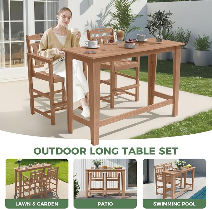 Outdoor Patio Bar Height Table and Tall Adirondack Chairs Set of 2, All-Weather - Image 8