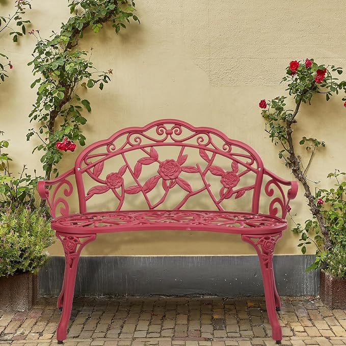 VINGLI 38.5" Patio Park Garden Outdoor Metal Rose Bench, 2-Person Cast Iron - Image 6