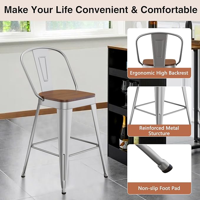ALISH 30 Inch Industrial Bar Stools Set of 4, High Back Metal Barstools - Image 4