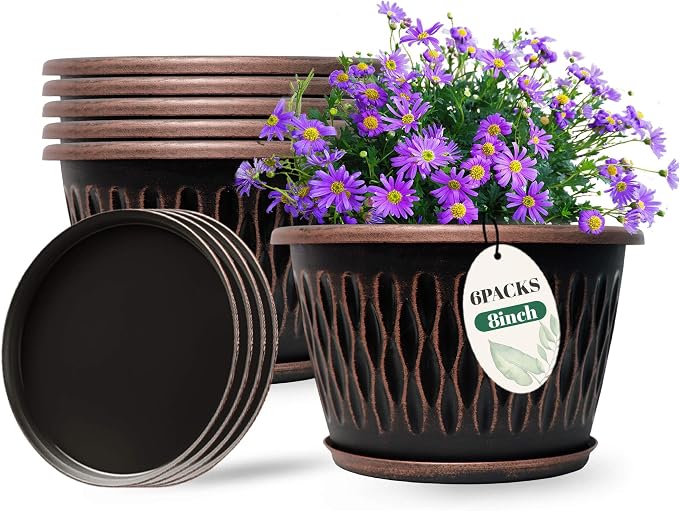 6 Pack 8 Inch Retro Plant Pots, Vintage Striped Flower Pots by Usocik