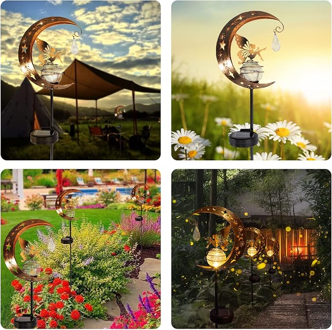 LICKLIP Moon & Fairy Garden Solar Stake Light Outdoor, Crackle Glass Globe - Image 2