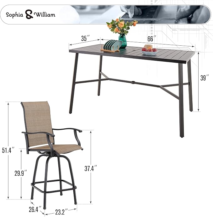 Sophia & William Outdoor Bar Set, Patio Bar Table and Chairs Set, Bar Height - Image 7