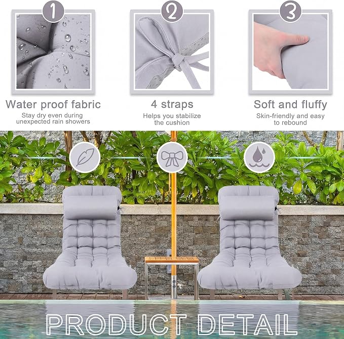 Tudomro 1 Pcs Light Gray 66'' Outdoor Chaise Lounge Cushion Waterproof Patio - Image 4