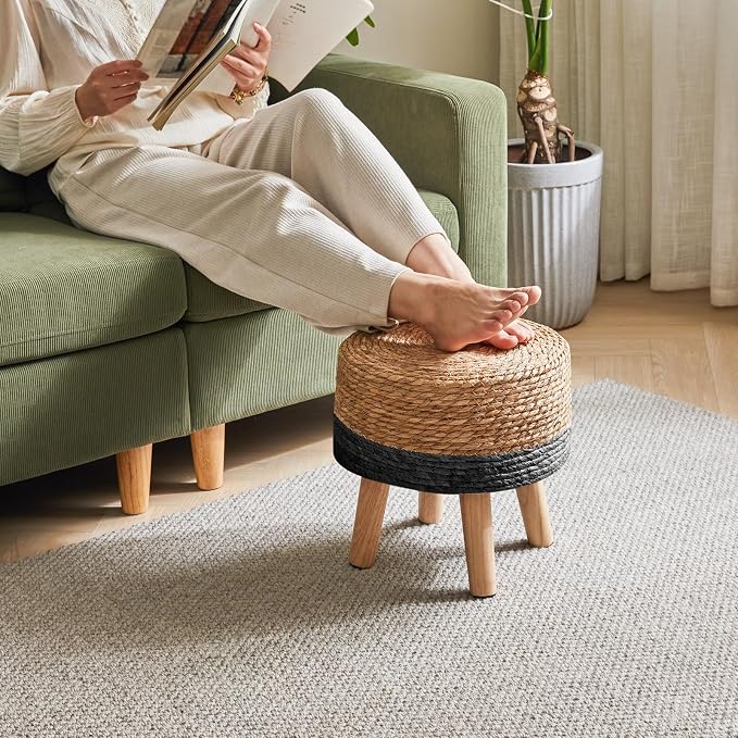 YMYNY Foot Stool Natural Seagrass Hand Weave, 12.6" Small Ottoman, Round - Image 2