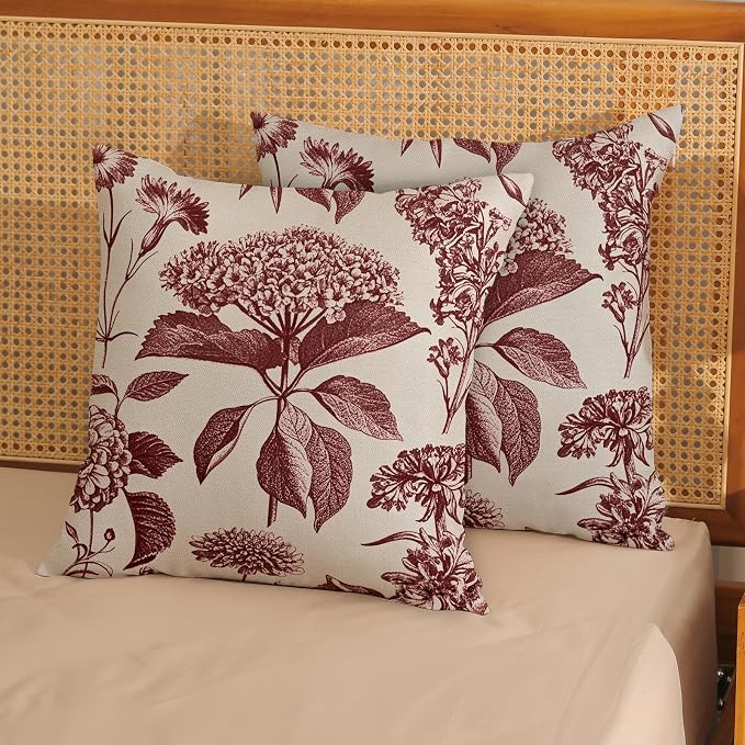 Burgundy Red Pillow Covers 18x18 Inch 2 Pcs Boho Vintage Floral Decor Throw - Image 2