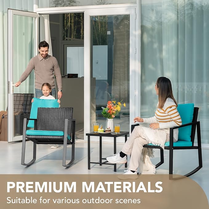 Devoko 3 Piece Rocking Bistro Set Wicker Patio Outdoor Furniture Porch Chairs - Image 4