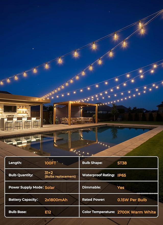 Brightown 100FT Solar String Lights Outdoor Waterproof, Patio Lights - Image 8