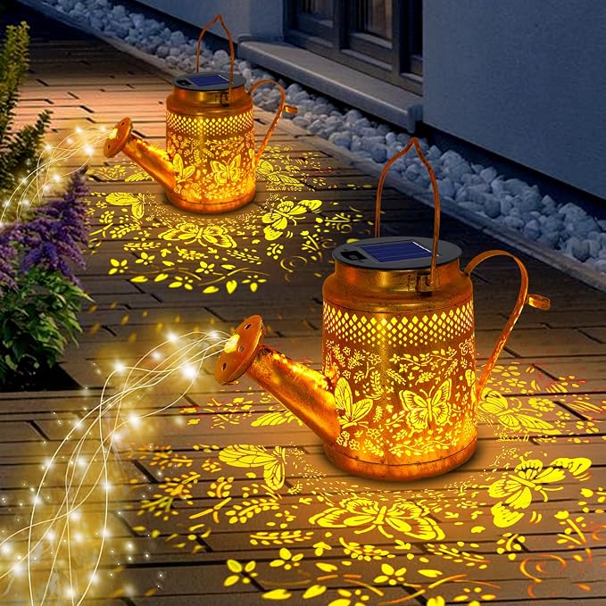 2 Pack Solar Powered Butterfly Watering Can Lights Waterproof Outdoor Decor - Image 2