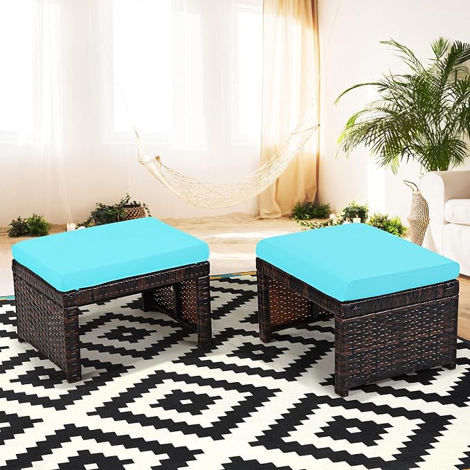 Tangkula 2 Pieces Patio Rattan Ottomans, All Weather Outdoor Footstool Footrest - Image 3