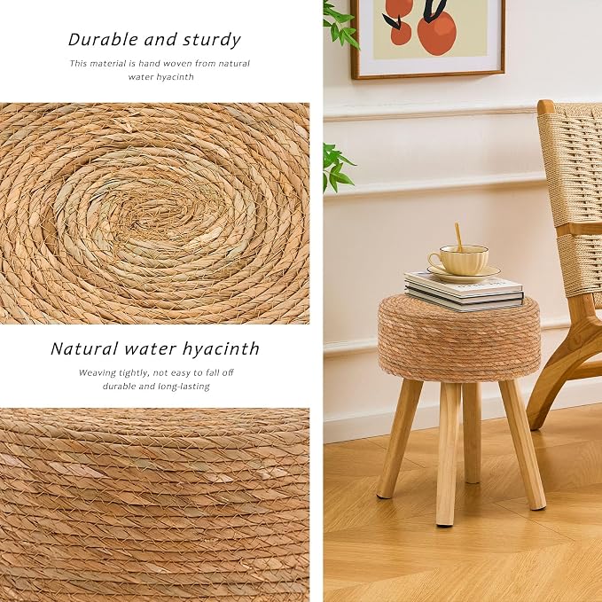 Handwoven Outdoor Ottoman, Water Hyacinth Pouf Round Patio Footstool - Image 5