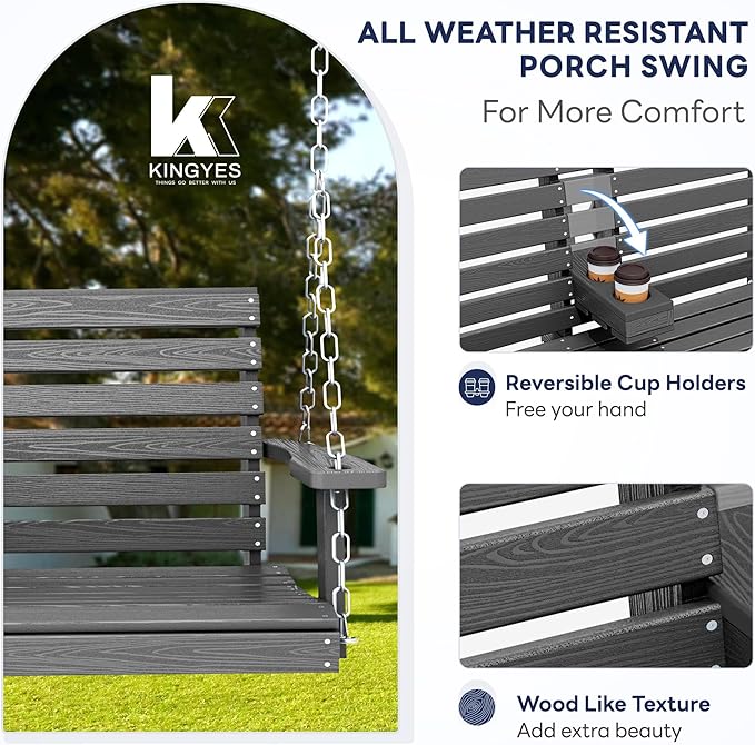 KINGYES Outdoor Hanging Porch Swing, 2 Seat Patio Chair - Image 3
