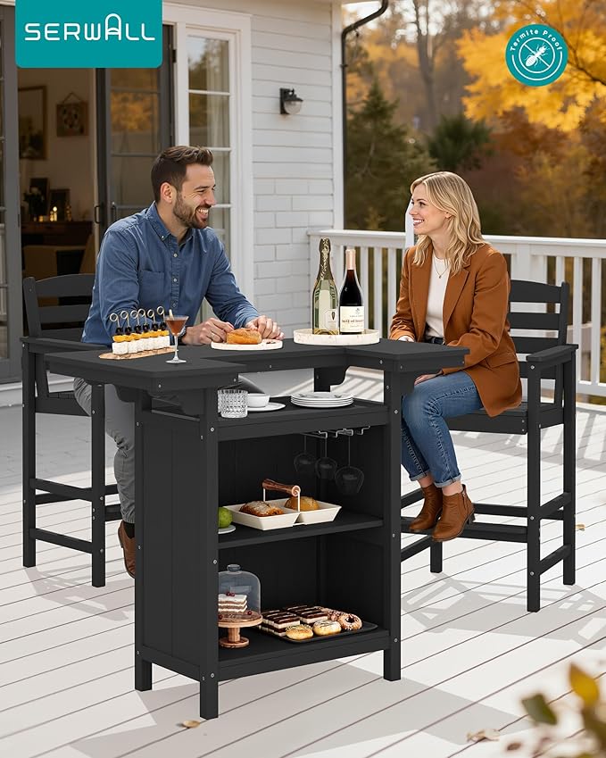 SERWALL Outdoor Bar Table Set – HDPE Black Patio Bar Cabinet - Image 2