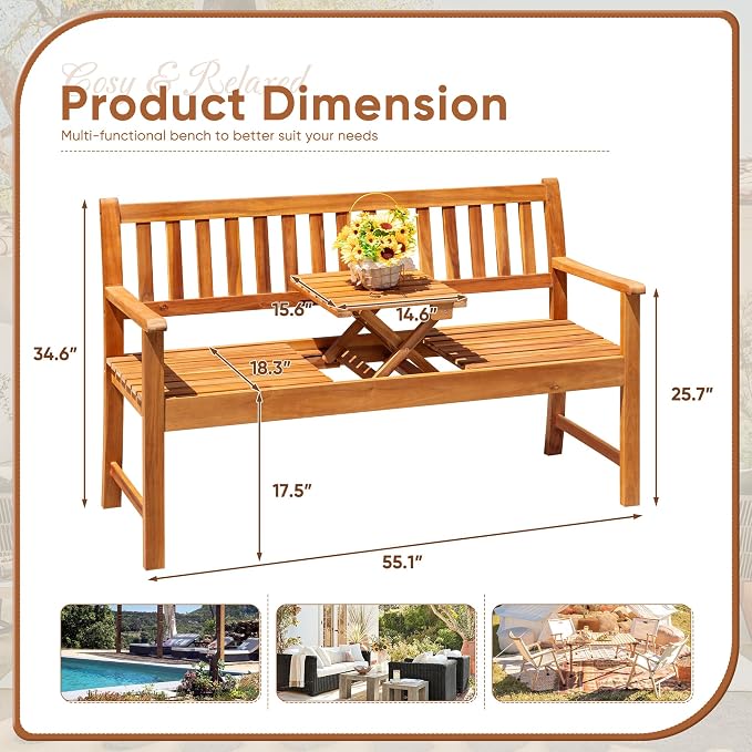Devoko Outdoor Bench, 2-Person Garden Bench, Patio Wood Bench Outdoor Loveseat - Image 3