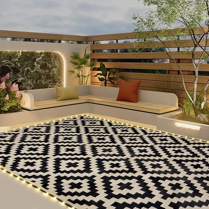 SAND MINE Reversible Mats with Led Strip Lights, Plastic Straw Rug, Modern Area by SANDMIND