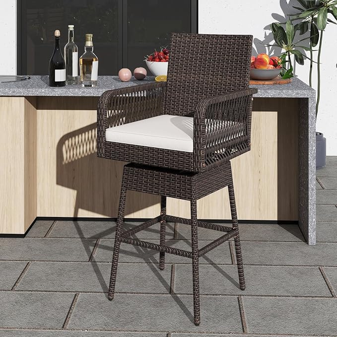 ORALNER Outdoor Wicker Swivel Bar Stools Set, Footrest & Seat Cushion, Metal - Image 2