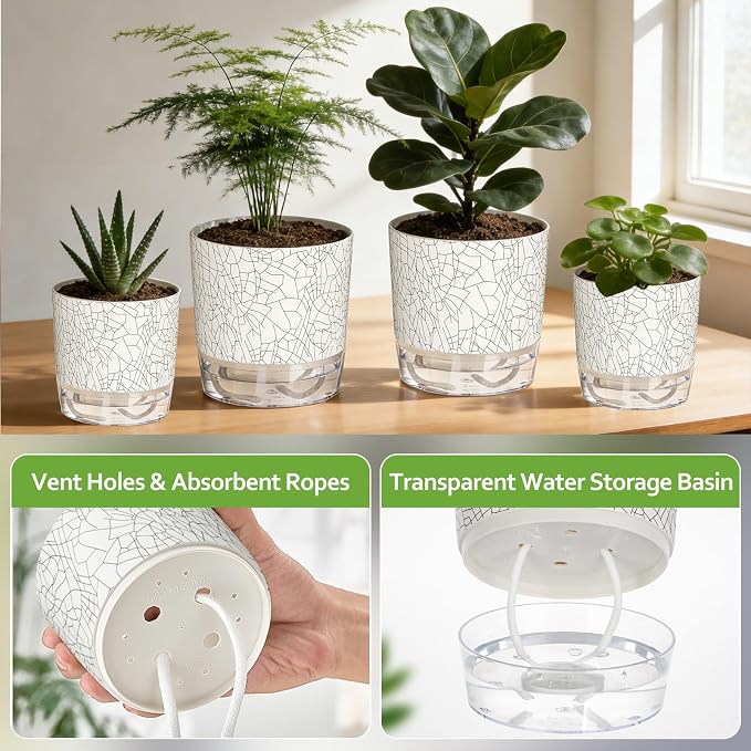 Self Watering Pots for Indoor Plants, 4/5.5 Inch Crackle Pattern Planters - Image 3