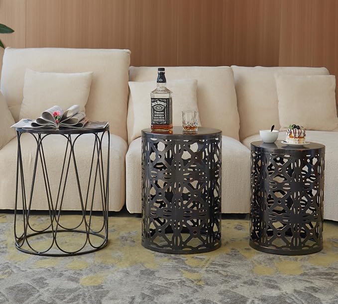 HFHOME Set of 3 Metal Outdoor Side Table, Nesting Round Coffee Table - Image 6