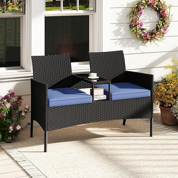 Tangkula Patio Loveseat with Built-in Table, Wicker 2-Seat Furniture with Soft - Image 2