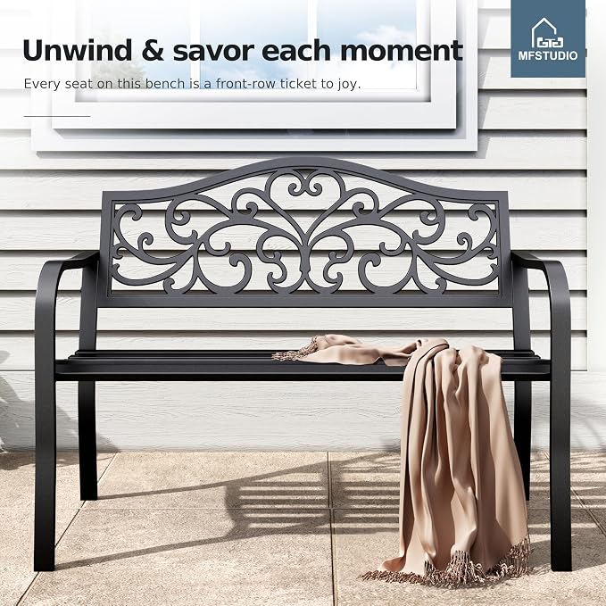 MFSTUDIO Outdoor Metal Bench Set of 2, Garden Patio 43.7 Inches Cast Iron Metal - Image 9