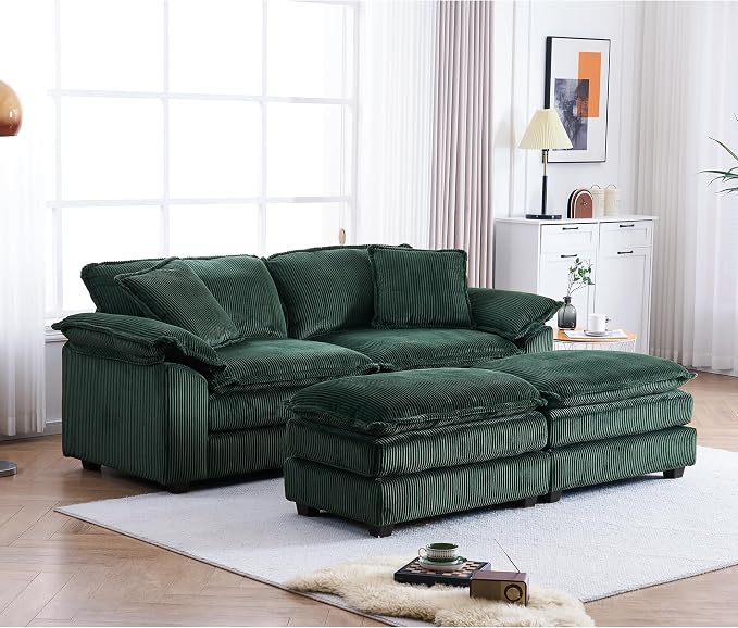 84.6” Corduroy Loveseat with Ottoman, Oversized Double Chaise Lounge Chair - Image 4
