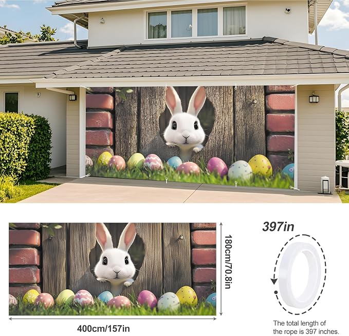 ANNA QUEEN Easter Bunny Garage Door Banner 6x13FT, Cute Rabbit Peeking Through - Image 3
