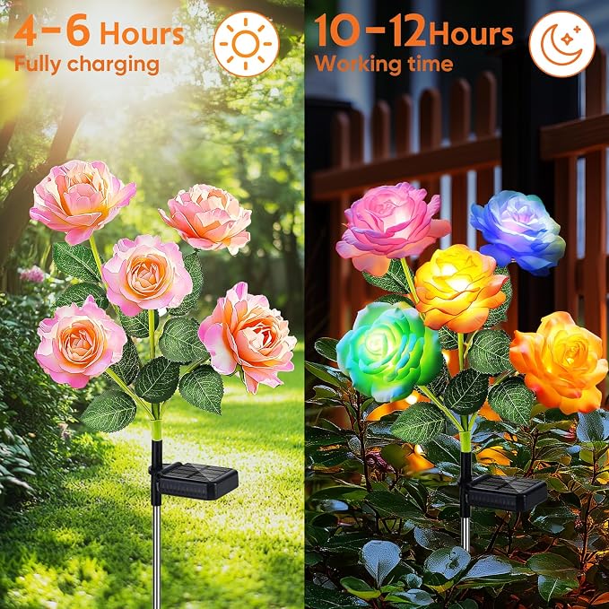Solar Rose Lights Outdoor: 10 Pack IP65 Waterproof 7-Color Changing LED Flower - Image 5