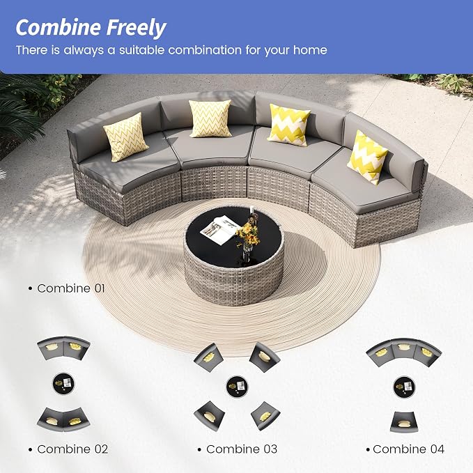 Patio Sectional Furniture, Outdoor 5-Piece Grey Rattan Curved Sofa Set - Image 3