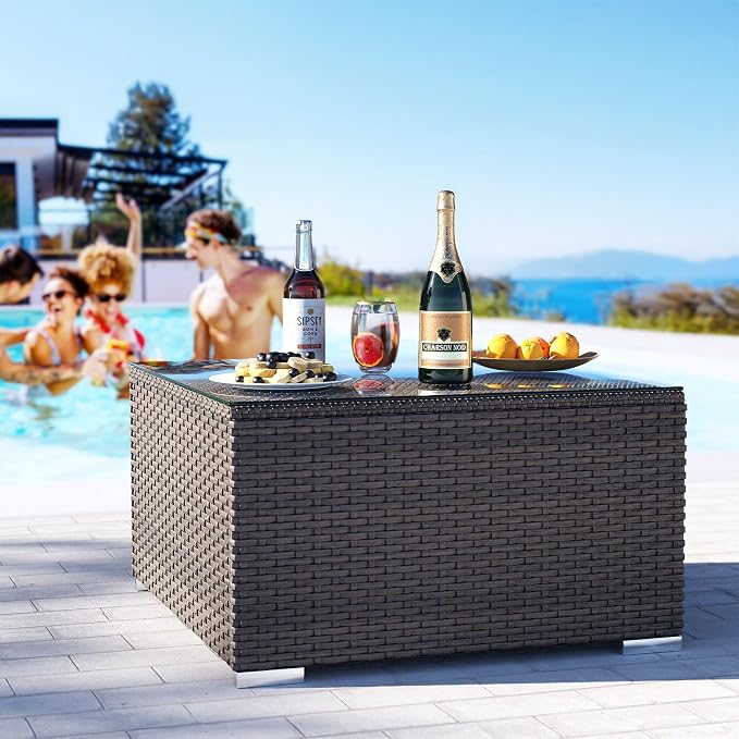 COSIEST Outdoor Furniture Brown Wicker Glass-Top Coffee Table - Image 2