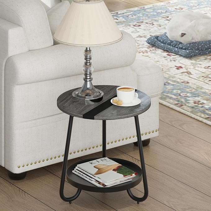 2 Tier Coffee Table in Living Room, Industrial Style Round Coffee Table - Image 2