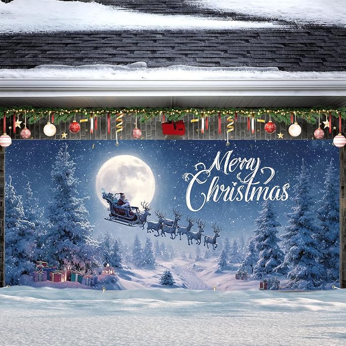 Merry Christmas Garage Door Cover 6x13FT, Santa Sleigh Flying Across Full Moon - Image 7