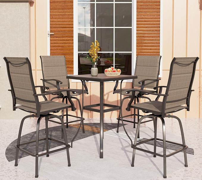 PHI VILLA Outdoor Bar Set with 4 Swivel Bar Height Patio Chairs, Wooden-Like by PHIVILLAThepioneerofcomfortablehouseholdsupplies