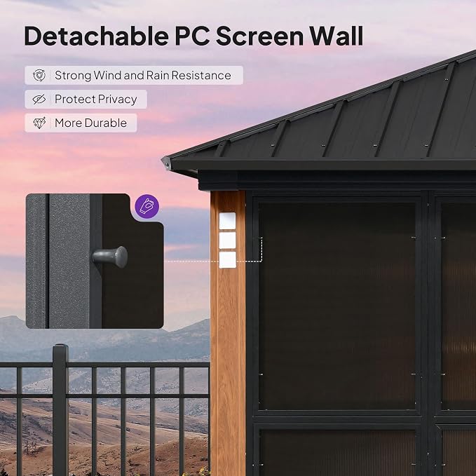 PURPLE LEAF 12' X 24' Outdoor Gazebo Wood Grain Entertainment Hardtop Canopy - Image 3